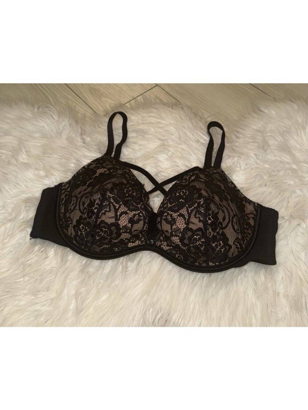 Adore Me 07280 Lined Lace Underwire Bra Strappy Front Womens 38C Black Tan